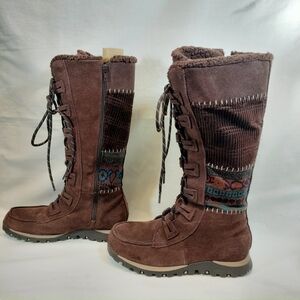 Sketchers Suede & Knit Tall Lace-Up Moccasin Winter Boots Faux Fur Lined